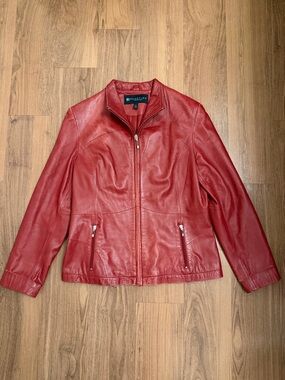 Red Collared Genuine Leather Zip-Front Jacket with Pockets - Kenneth Cole